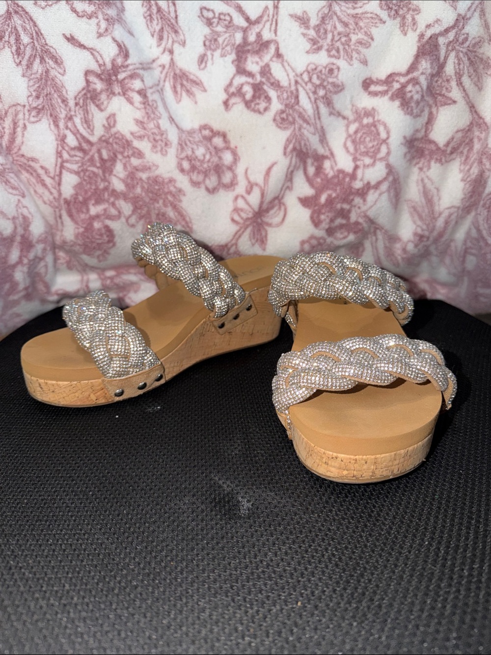 Braided Rhinestone Cork Wedge Sandals - Silver